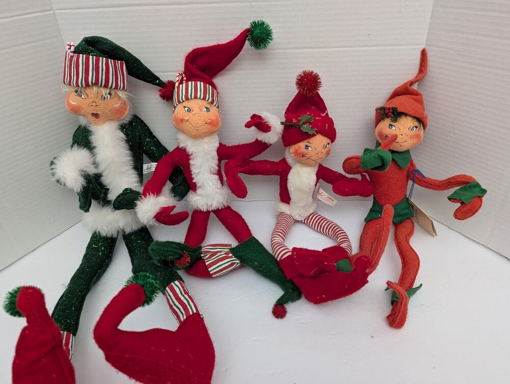 Vintage Annalee Christmas Elves Doll Lot, Mixed Holiday Pixie Figures, Set of 4